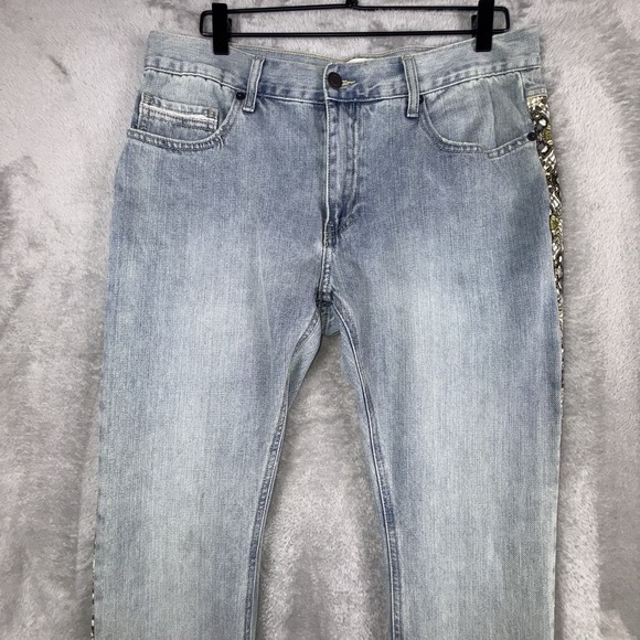 Sun Stone Jeans Womens 32 Light Blue Straight Leg Brown Patch Design Side Panel - Picture 2 of 14